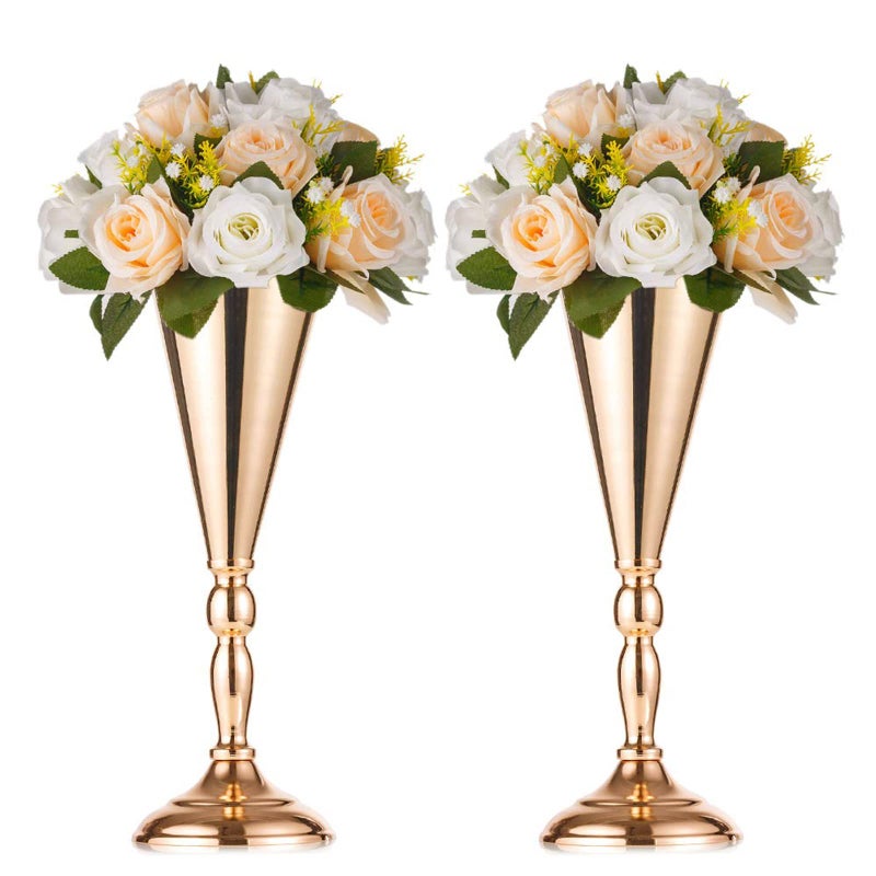 NUPTIO 2 Pcs Set Metal Wedding Flower Trumpet Vase Stand, 14 inch Table Decorative Centerpiece Artificial Flower Arrangements for Anniversary Ceremony Party Birthday Event Aisle Home Decoration (Gold) - Image 1